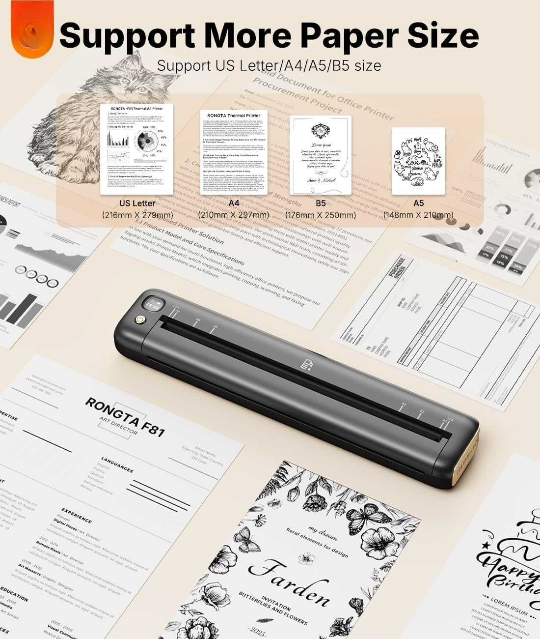 Rongta Portable Printer, Bluetooth Inkless Thermal Printer Wireless for Travel, Compatible with Android iOS Phone & Laptop, Supports 8.5" X 11" US Letter for Office, Home, Car, F81 (Gray)