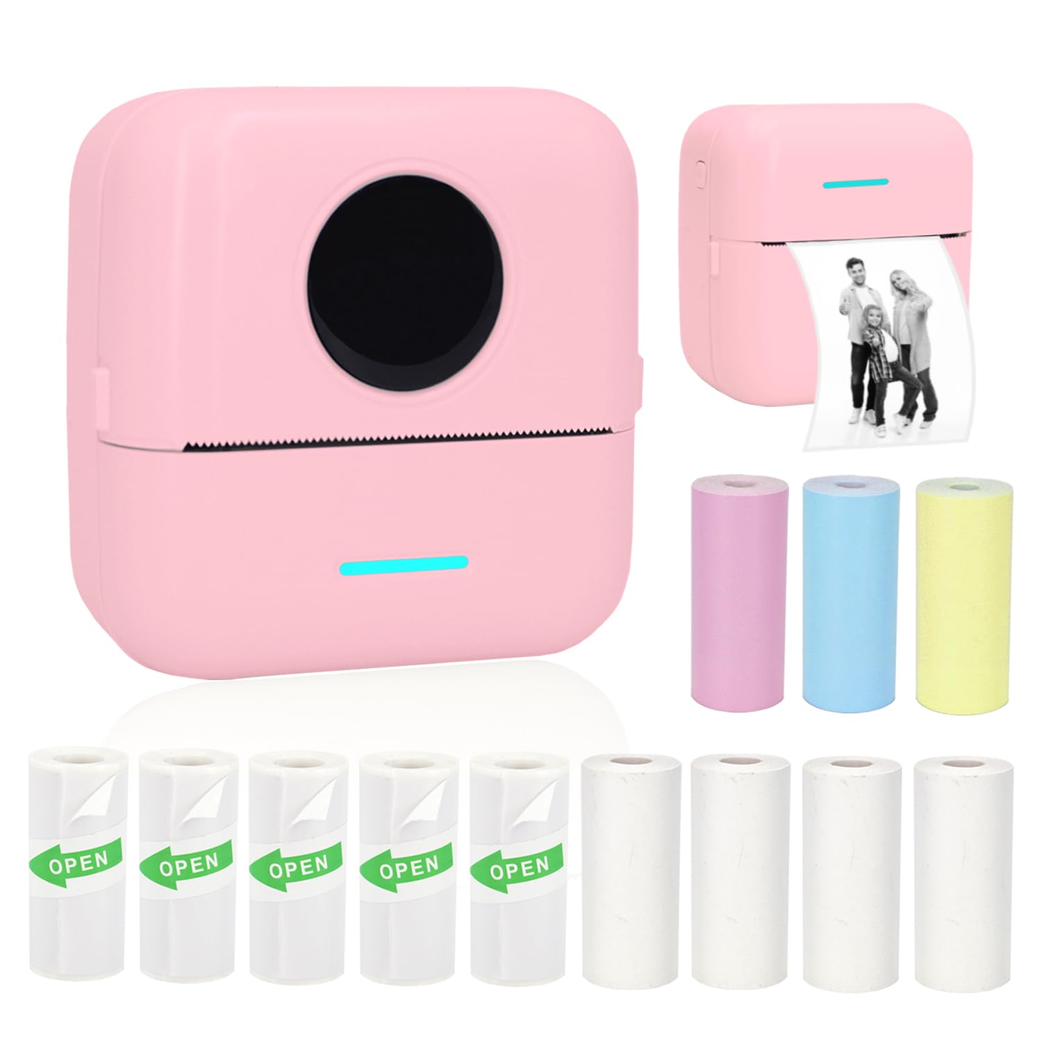 Mini Portable Printer, Inkless Sticker Printer with 12 Rolls Paper, Thermal for Notes/Photos/Stickers/Labels/Receipts, Compatible with iPhone, Android Phone & Tablet, Pink