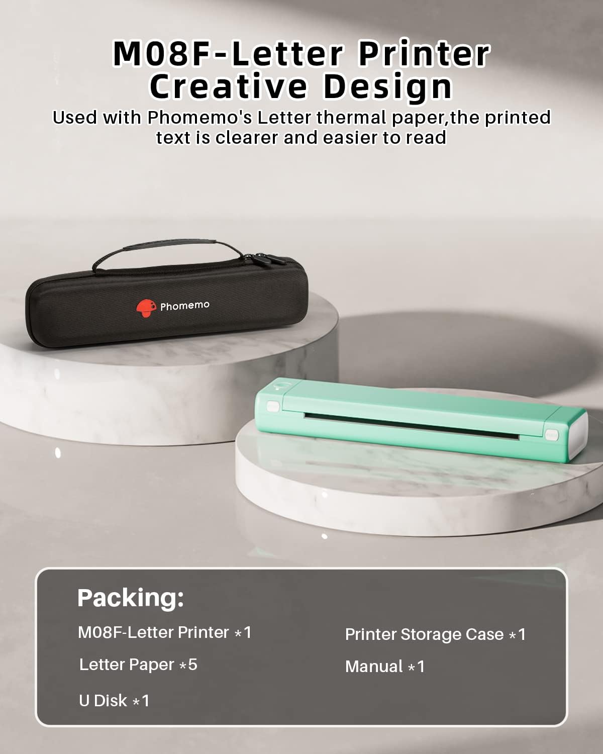 Phomemo Portable Wireless Printer - Travel-Sized, Compatible with iOS & Android, Bluetooth, Supports 8.5" X 11" Letter Thermal Paper, Includes 1 Case