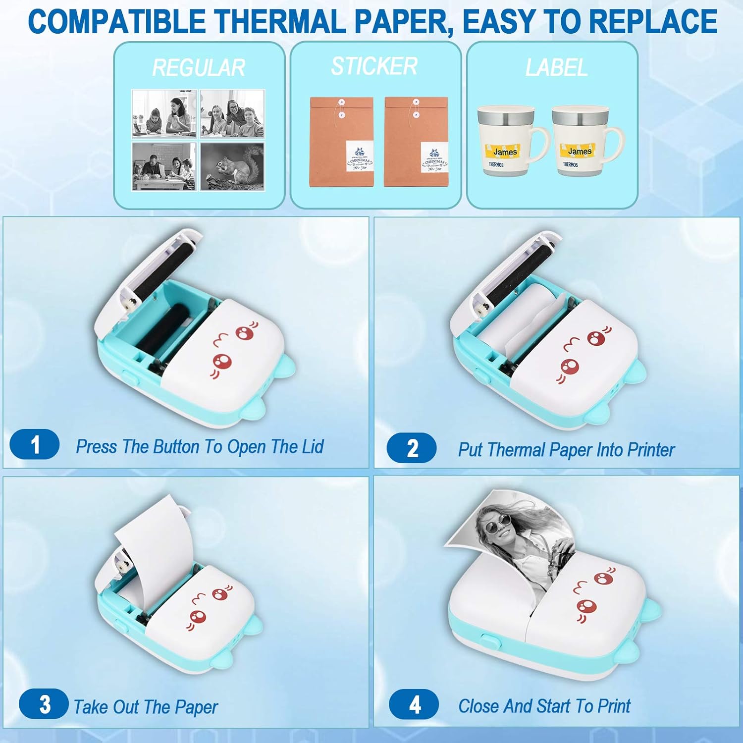 Portable Printer, Mini Pocket Wireless Bluetooth Thermal Printers with 6 Rolls Printing Paper for Android iOS Smartphone, BT Inkless Printing Gift for Label Receipt Photo Notes Study Home Office, Blue
