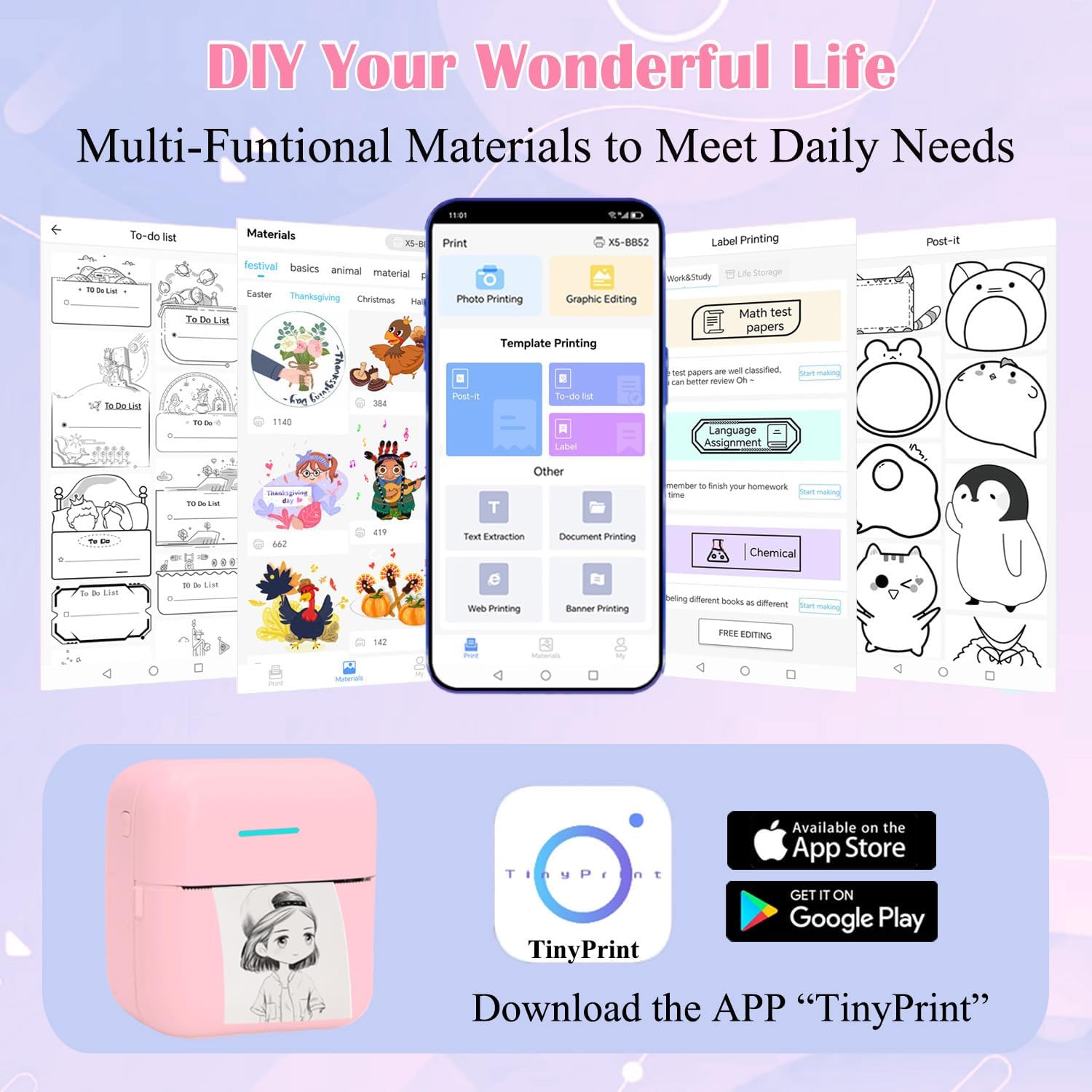 Mini Portable Printer, Inkless Sticker Printer with 12 Rolls Paper, Thermal for Notes/Photos/Stickers/Labels/Receipts, Compatible with iPhone, Android Phone & Tablet, Pink