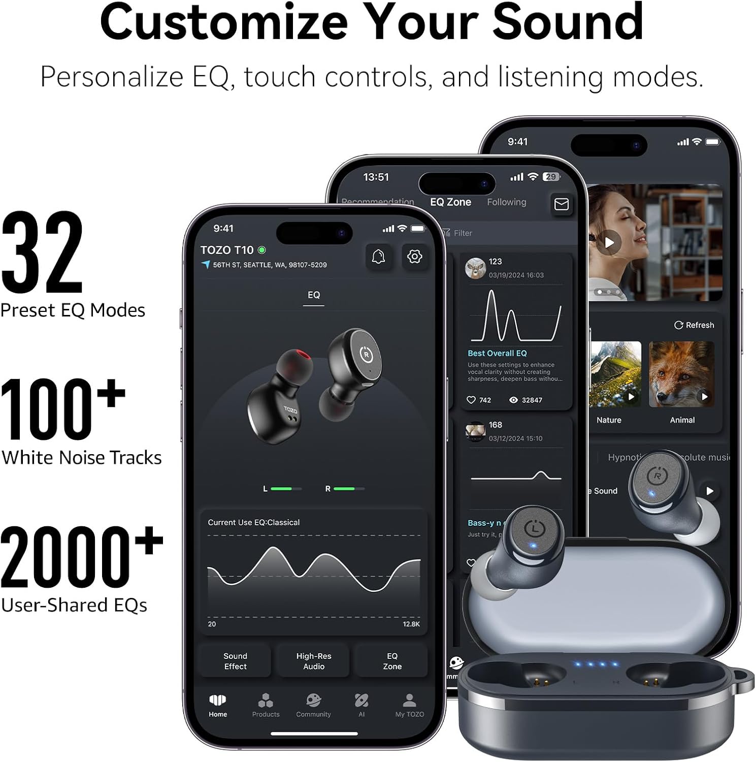 TOZO T10 Wireless Earbuds Bluetooth 5.3 Headphones, App Customize EQ, Ergonomic Design, 55H Playtime, Wireless Charging Case, IPX8 Waterproof Sound in-Ear Headset, New Version