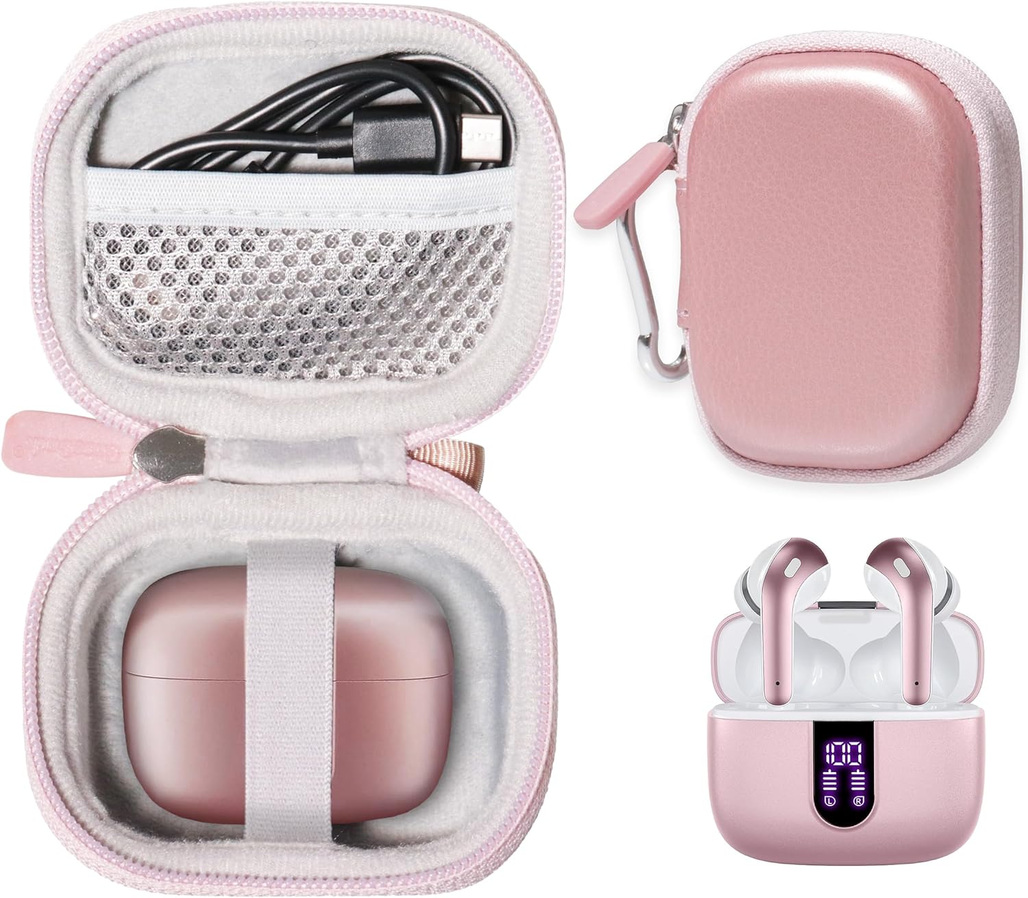 Case for TAGRY X08 Bluetooth Headphones True Wireless Earbuds 60H, mesh Pocket for Charge Cable (Rose Gold)