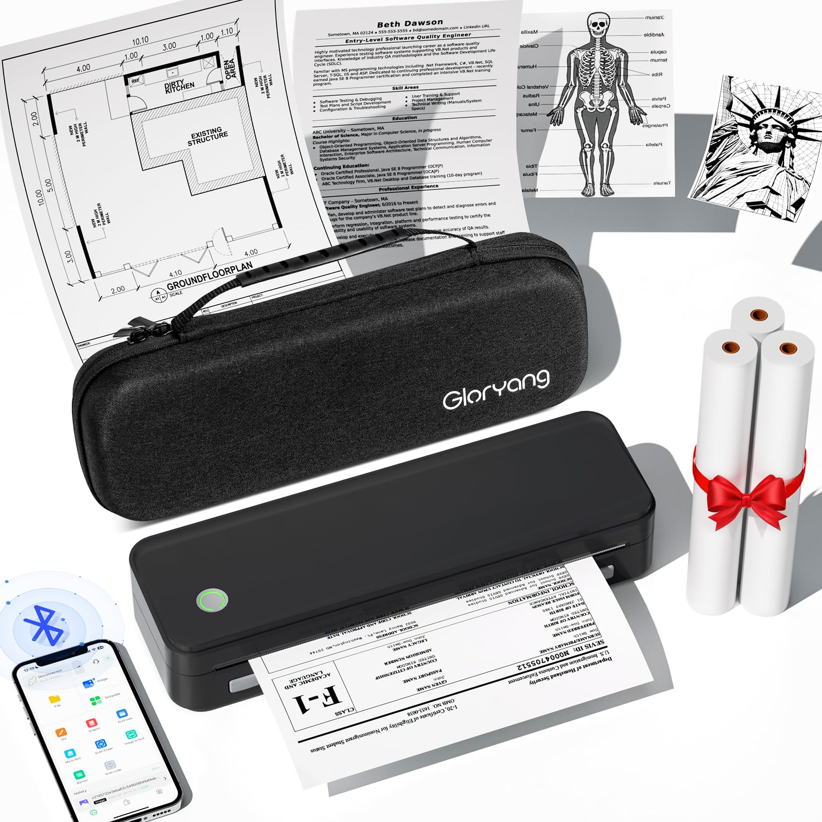 Gloryang Inkless Portable Printer for Travel, Wireless Thermal Printer Supports 8.5 x 11 Inch US Letter Size, Bluetooth Machine Includes Carry Case and 3 Rolls of Thermal Paper Kit, Pink