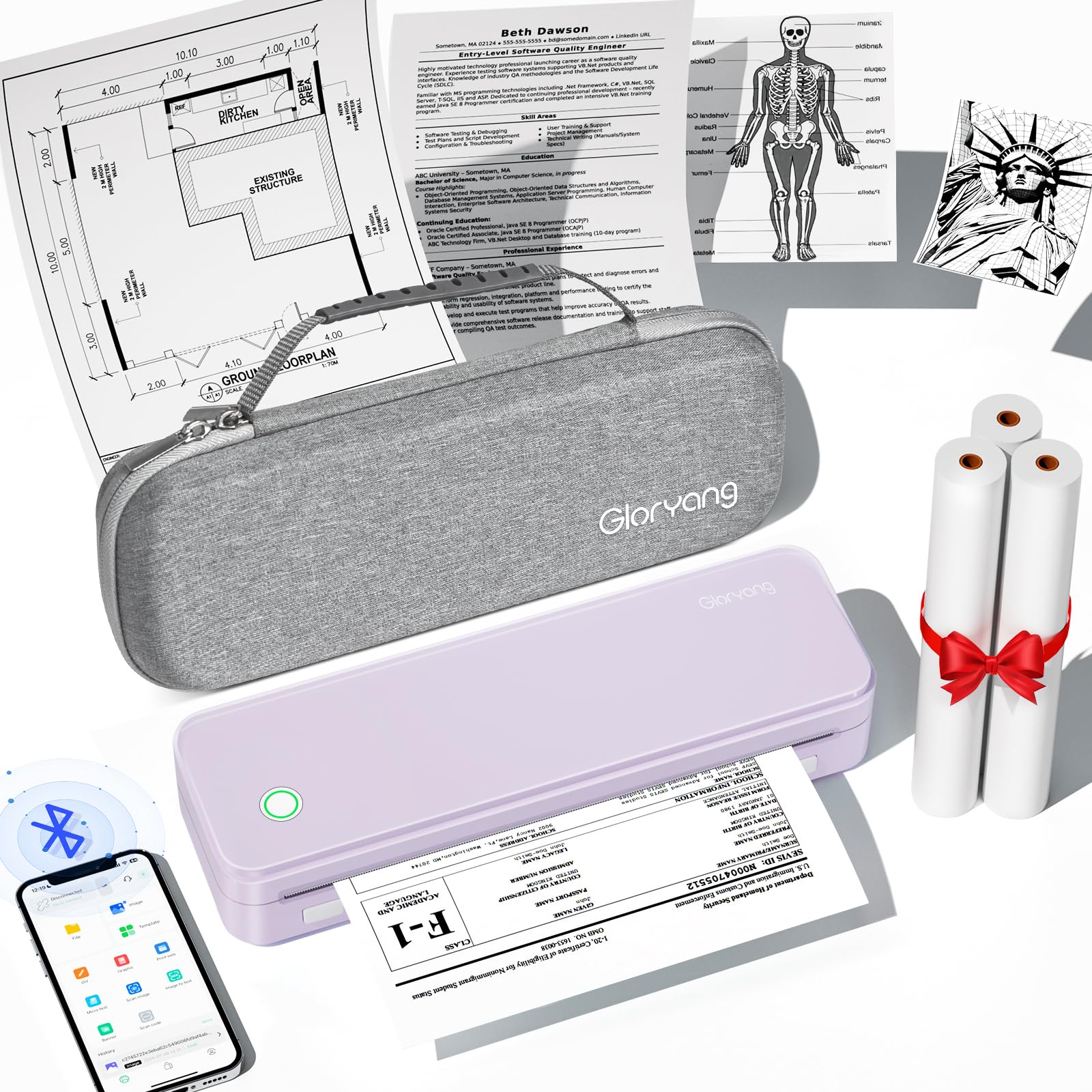 Gloryang Inkless Portable Printer for Travel, Wireless Thermal Printer Supports 8.5 x 11 Inch US Letter Size, Bluetooth Machine Includes Carry Case and 3 Rolls of Thermal Paper Kit, Pink