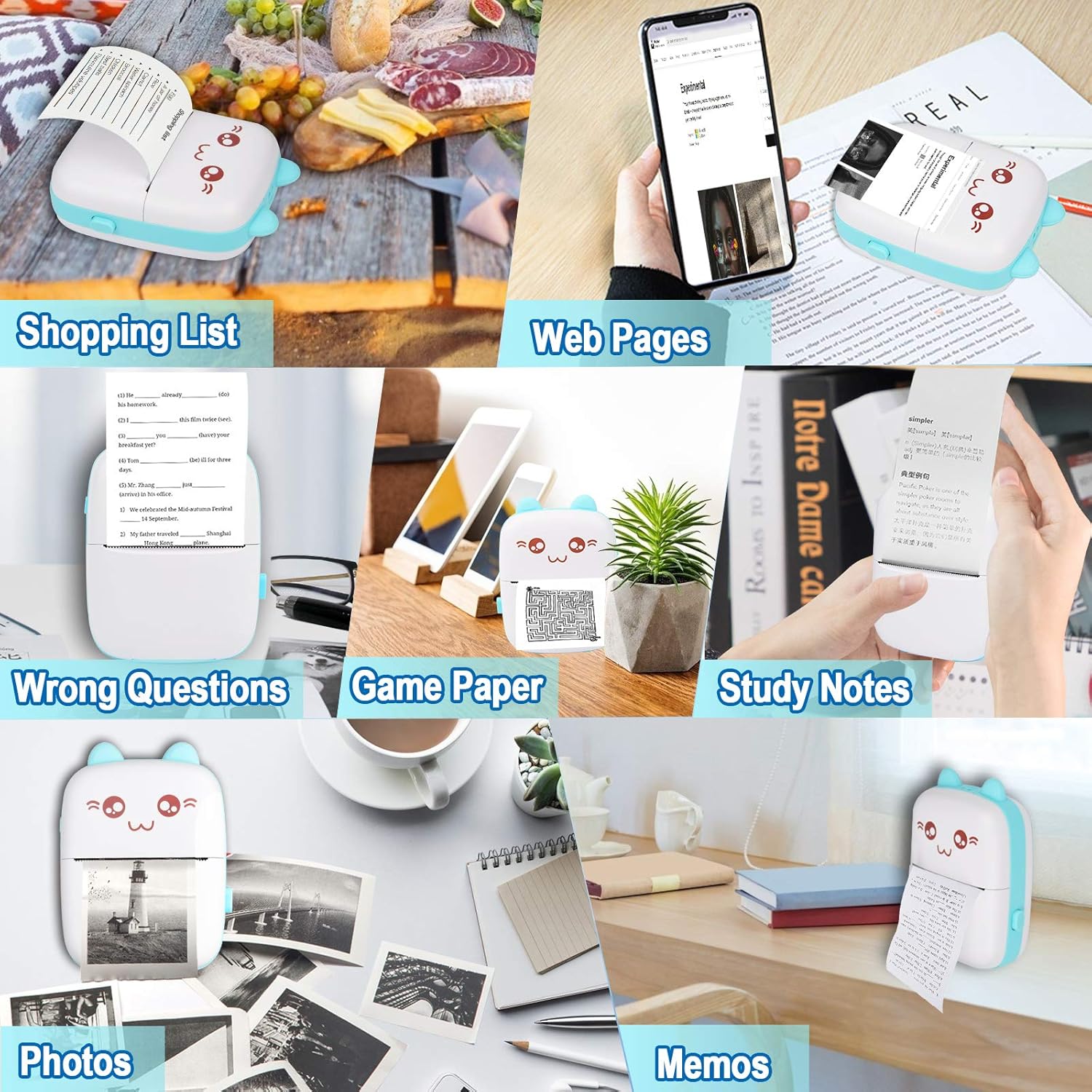 Portable Printer, Mini Pocket Wireless Bluetooth Thermal Printers with 6 Rolls Printing Paper for Android iOS Smartphone, BT Inkless Printing Gift for Label Receipt Photo Notes Study Home Office, Blue