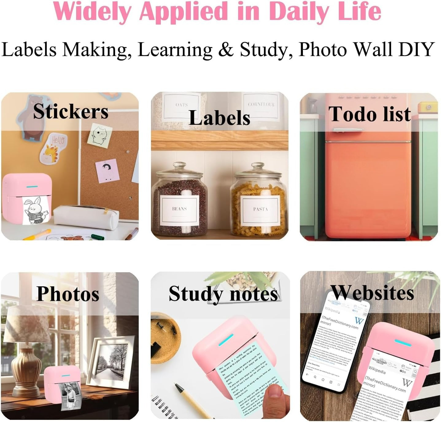 Mini Portable Printer, Inkless Sticker Printer with 12 Rolls Paper, Thermal for Notes/Photos/Stickers/Labels/Receipts, Compatible with iPhone, Android Phone & Tablet, Pink